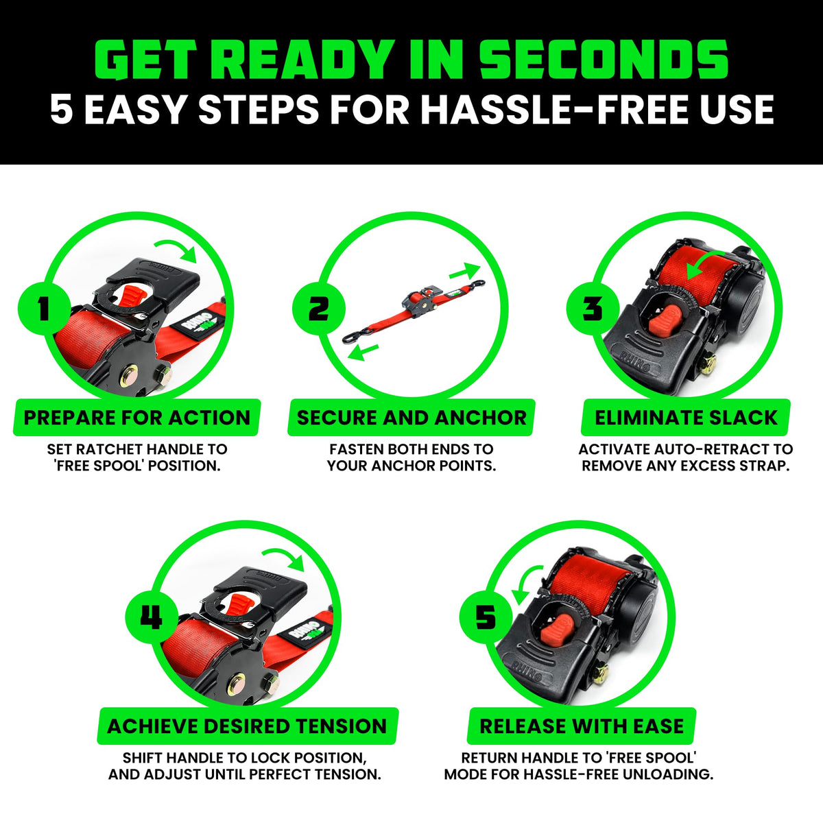 Rhino USA Retractable Ratchet Straps (4-Pack) - 1in x 10ft, Black