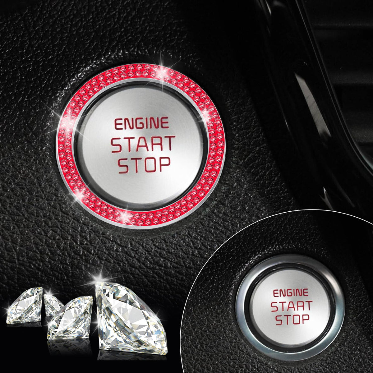 LivTee 2 PCS Crystal Double Rhinestone Car Engine Start Stop Decoration Ring, Bling Car Interior Accessories for Women, Push to Start Button Cover Sticker, Automotive Decals, White