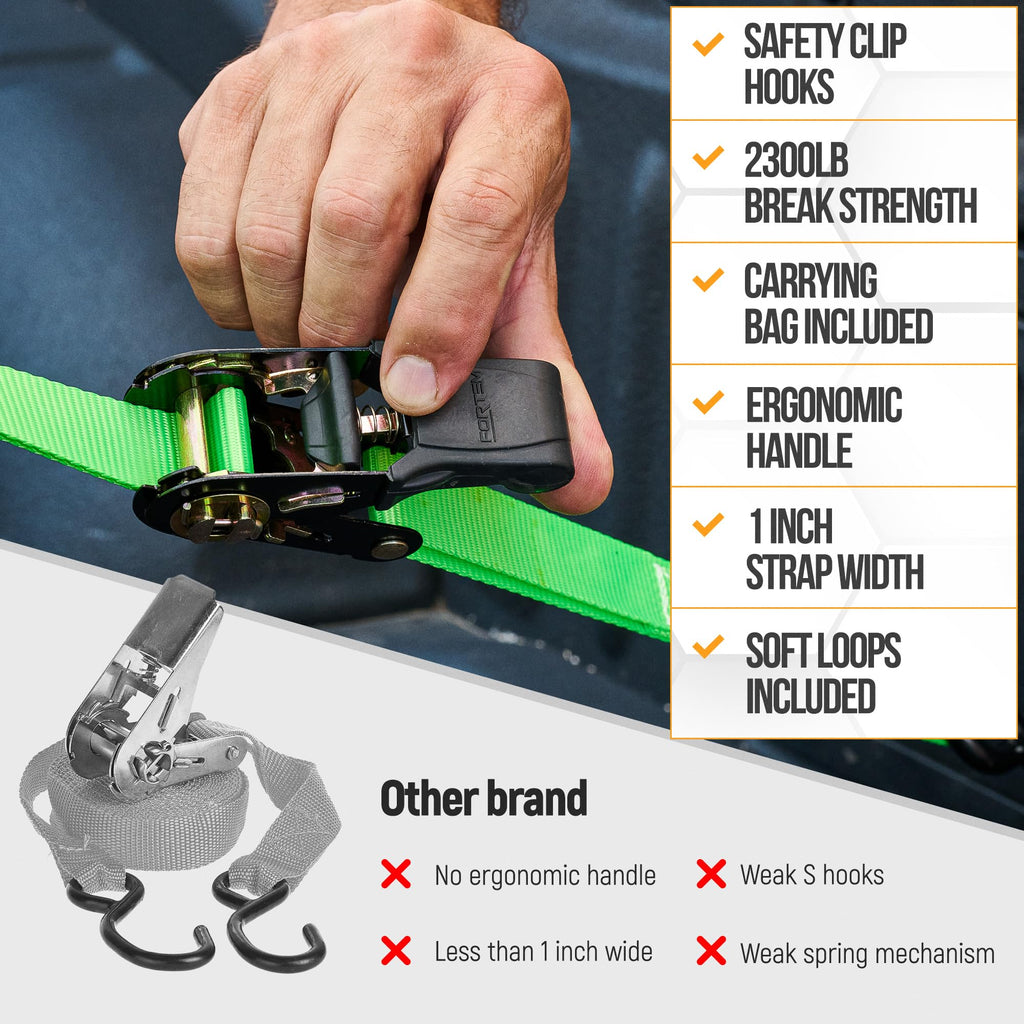 FORTEM Ratchet Straps - Tie Down Strap Set, 4 Pack, 1650lb Break Strength