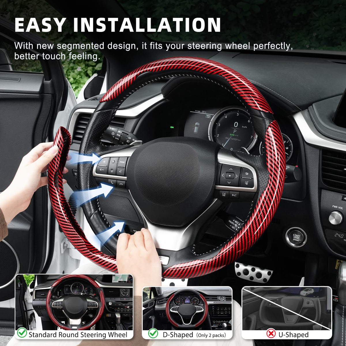 3pcs Carbon Fiber Anti-Skid Steering Wheel Cover, Waterproof & Segmented Butterfly Design, Universal 99% Vehicle Wheel Cover Protector, Car Interior Accessories (Black-3pcs)