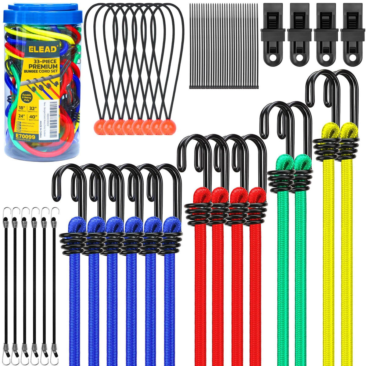 Bungee Cords Heavy Duty Outdoor: 20 Pcs Premium Rubber Bungee Cords with Hooks in a Storage Jar Includes 10", 18", 24", 30", 36", 48" Bungee Cord for Camping, Tent, Fastening Items