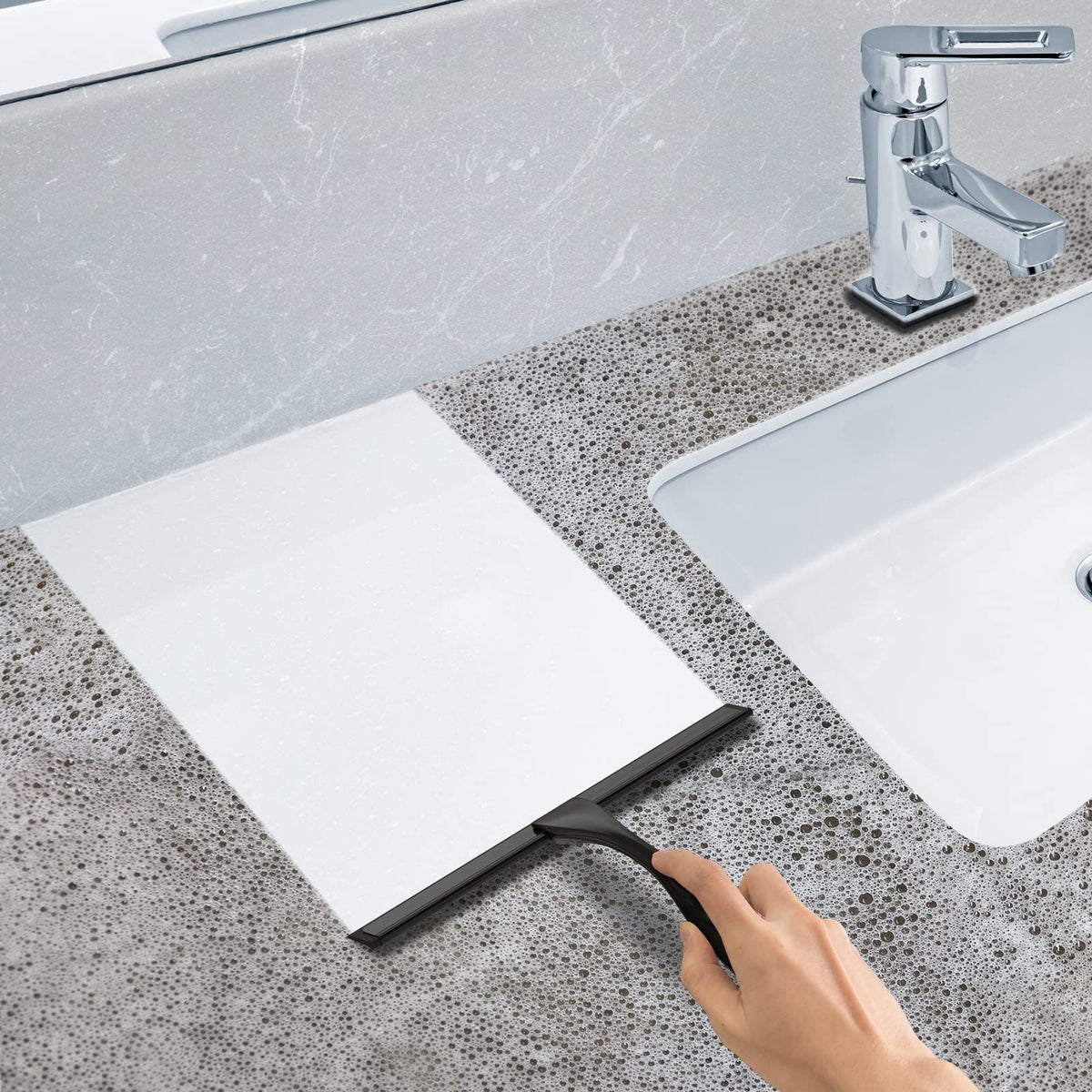 All-Purpose Stainless Steel Shower Squeegee for Shower Glass Door with 2 Adhesive Hooks, Bathroom Cleaner Tool Household Window Mirror Squeegee , Cleaning Tile Wall, Car, 10 Inch Silver