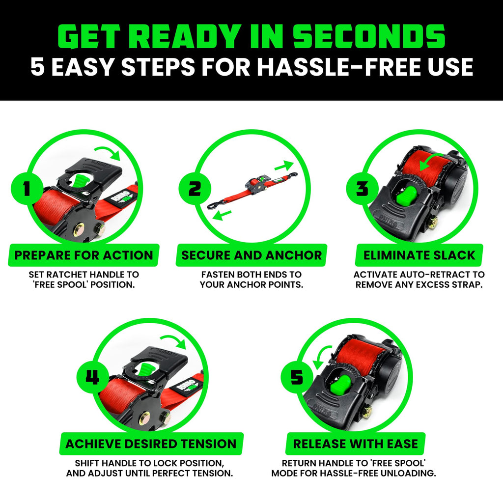 Rhino USA Retractable Ratchet Straps (4-Pack) - 1in x 10ft, Black