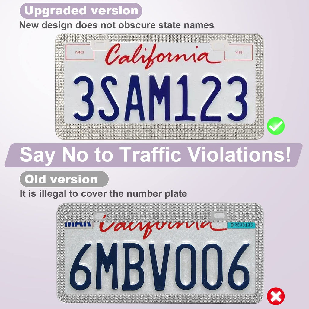 QUANQIUFEI 2 Pack Bling License Plate Frames for Women, Sparkly Rhinestone Diamond Car Accessories with Glitter Crystal Caps (Black)