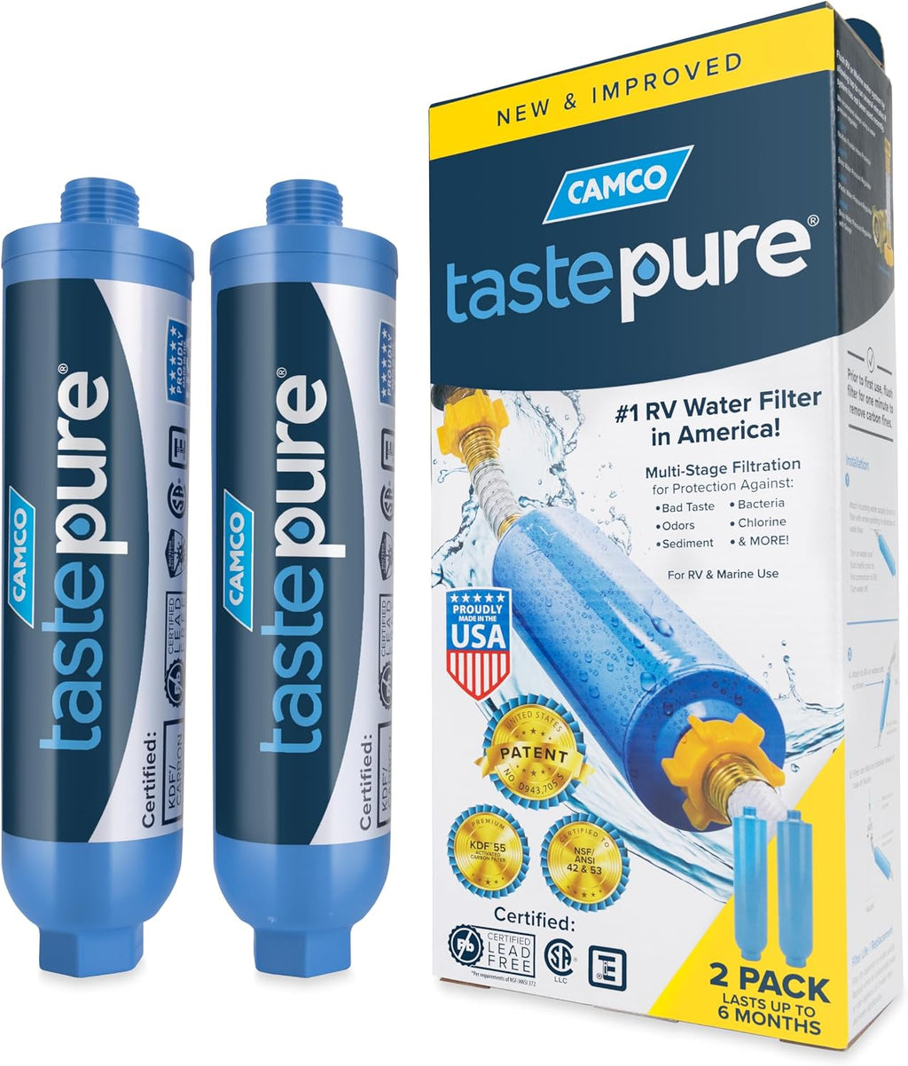 Camco Tastepure RV Water Filter 2-pk - GAC & KDF Filtration-Made in the USA
