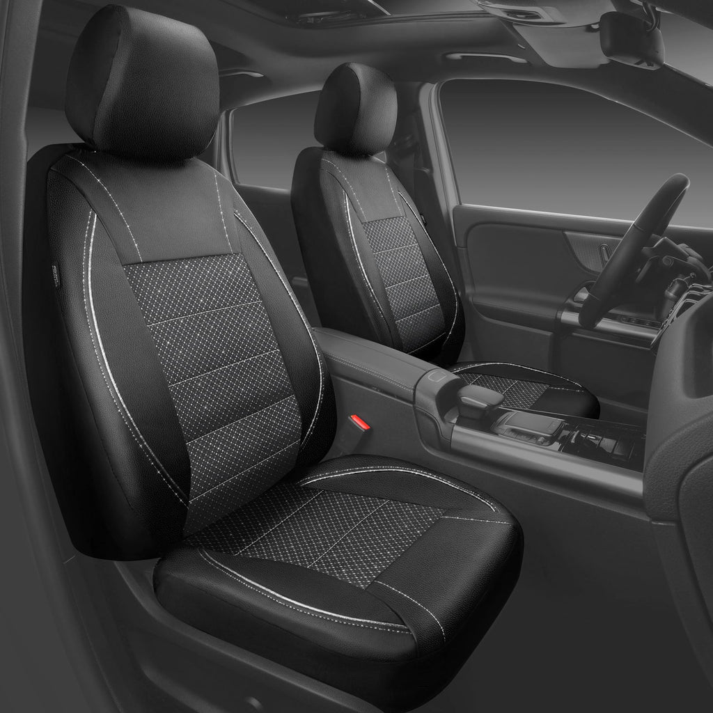 CAR PASS Universal FIT Piping Leather Two Front Seat Covers, Waterproof Faux Leather for SUV Sedan Van Truck, Airbag Compatible,Reserved Opening Holes for Headrest Covers. (Black red)