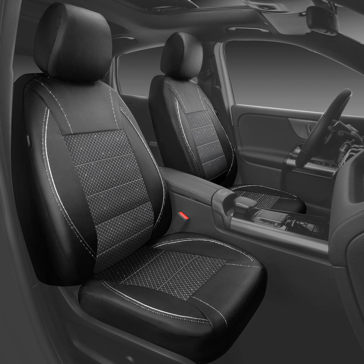 CAR PASS Universal FIT Piping Leather Two Front Seat Covers, Waterproof Faux Leather for SUV Sedan Van Truck, Airbag Compatible,Reserved Opening Holes for Headrest Covers. (Black red)