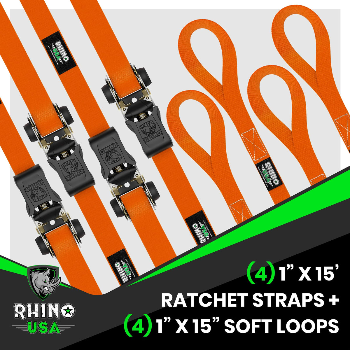Rhino USA Ratchet Straps Tie Downs (4-Pack) - 1in x 15ft with S Hooks