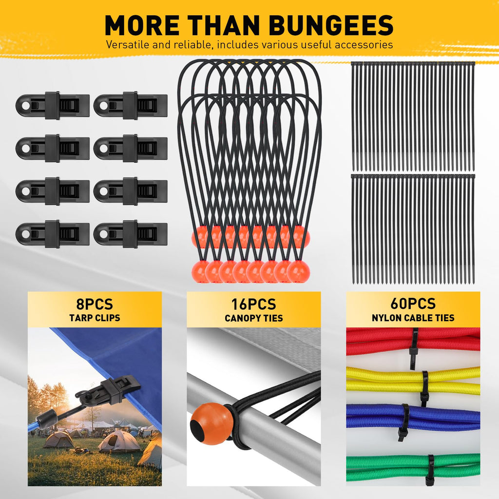 Bungee Cords Heavy Duty Outdoor: 20 Pcs Premium Rubber Bungee Cords with Hooks in a Storage Jar Includes 10", 18", 24", 30", 36", 48" Bungee Cord for Camping, Tent, Fastening Items