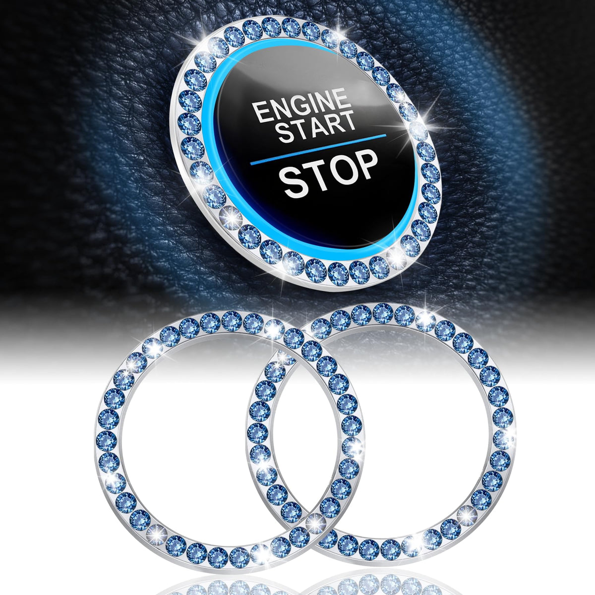 LivTee 2 PCS Crystal Double Rhinestone Car Engine Start Stop Decoration Ring, Bling Car Interior Accessories for Women, Push to Start Button Cover Sticker, Automotive Decals, White