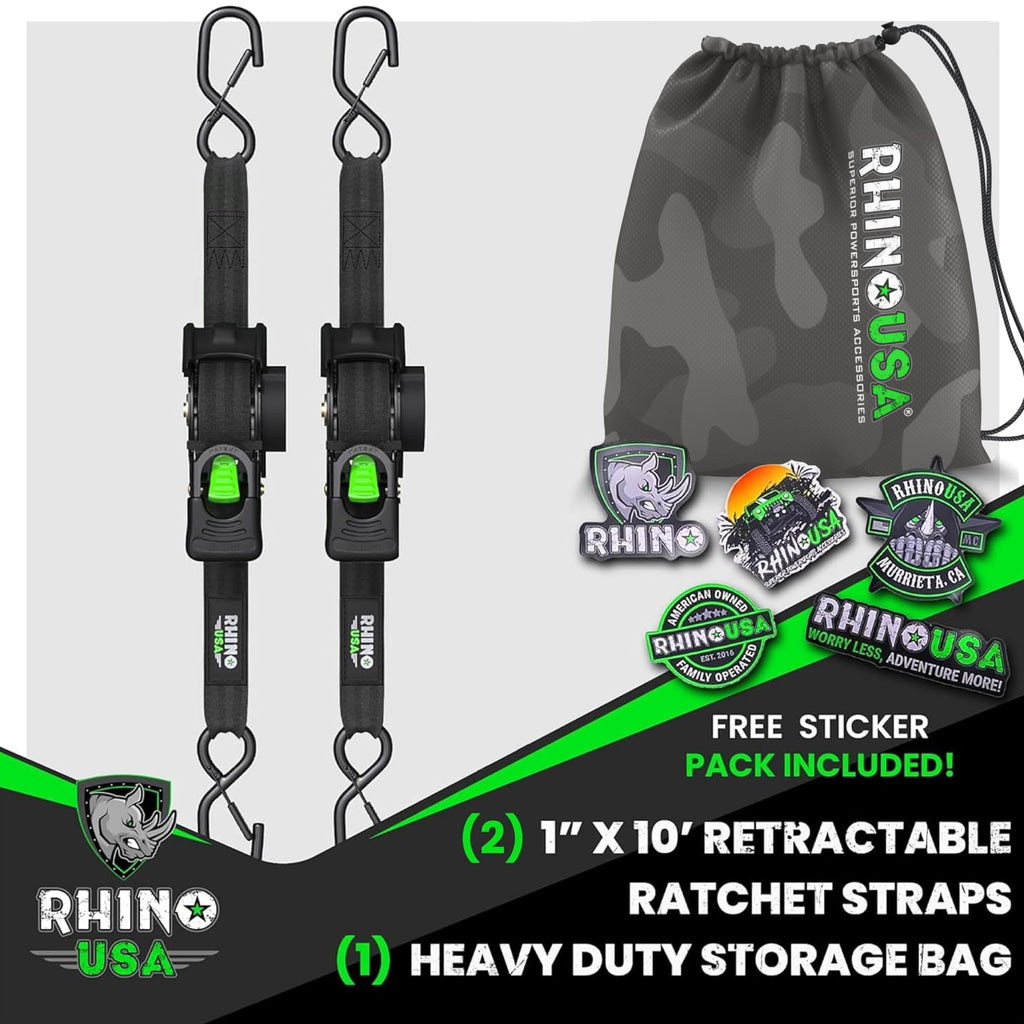 Rhino USA Retractable Ratchet Straps (4-Pack) - 1in x 10ft, Black