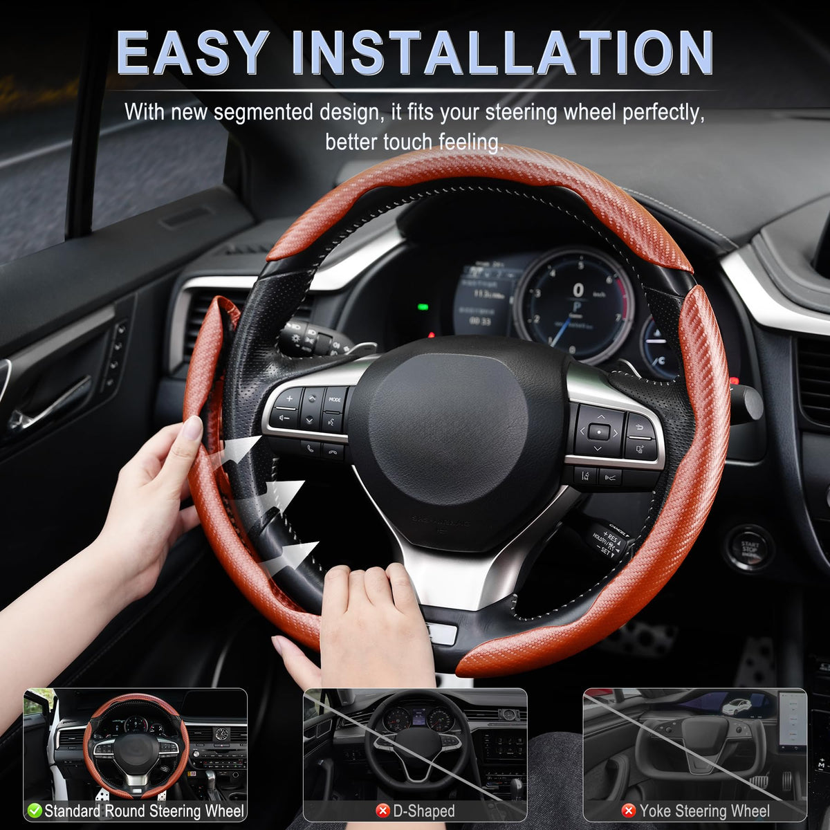 3pcs Carbon Fiber Anti-Skid Steering Wheel Cover, Waterproof & Segmented Butterfly Design, Universal 99% Vehicle Wheel Cover Protector, Car Interior Accessories (Black-3pcs)
