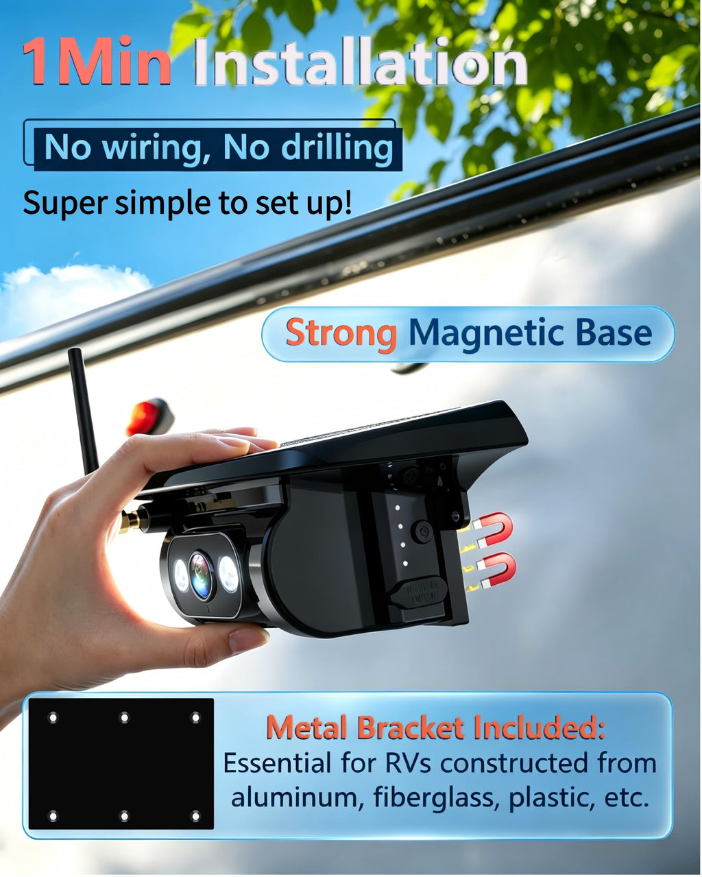1080P HD Wireless Backup Camera - 1 Minute Magnetic Easy Install No Wiring