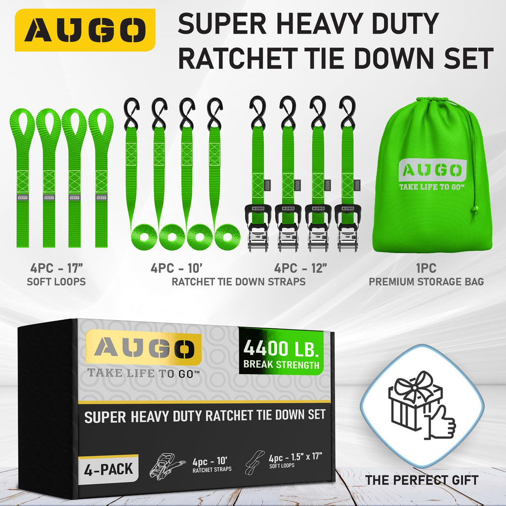 AUGO Ratchet Straps Heavy Duty 4 Pack -15 FT - 2200 LB Break Strength – with Safety Lock S Hooks - Cargo Straps for Moving, Appliances, Motorcycle – Soft Loop Tie Down Straps