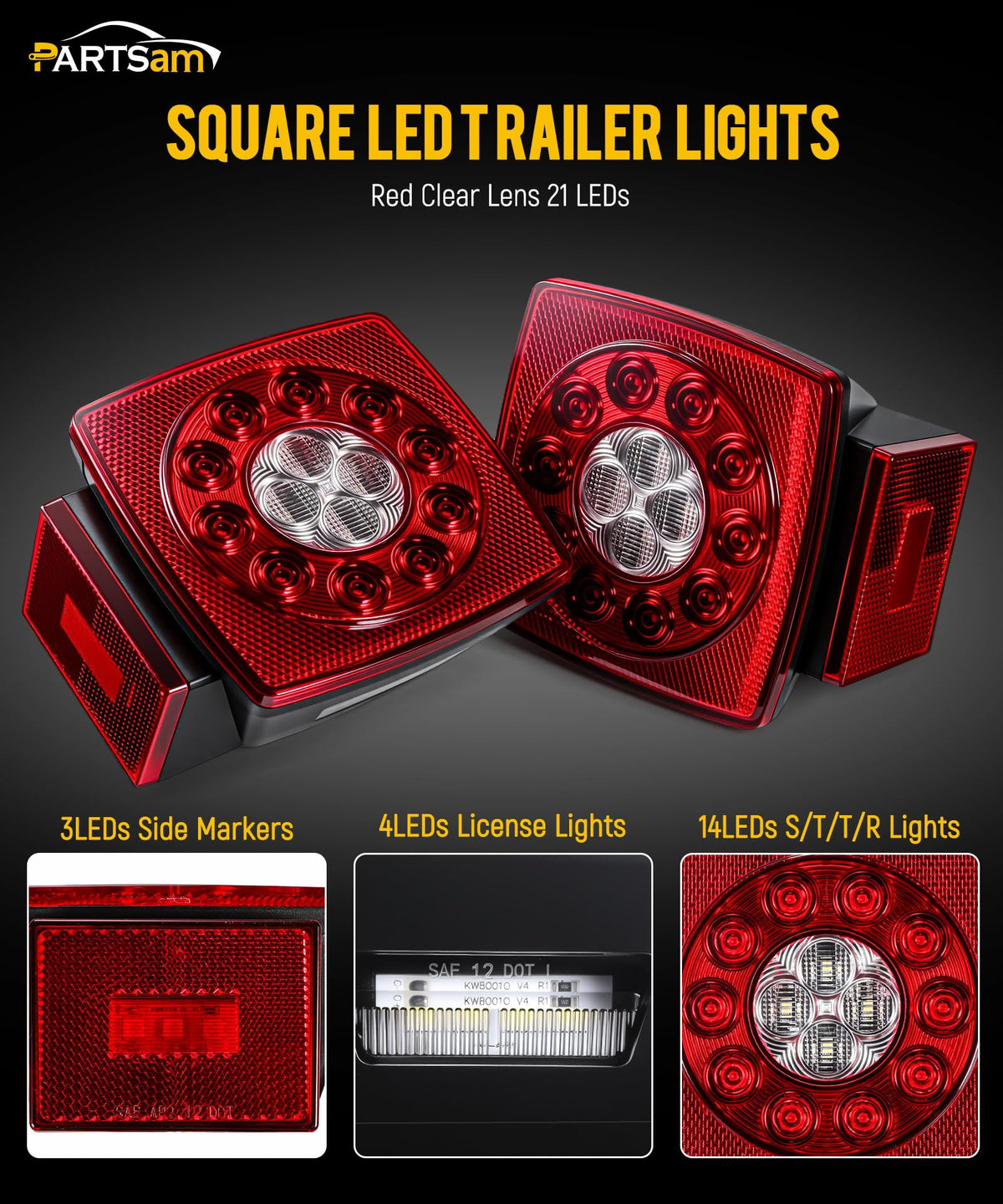 Partsam 12V Submersible Square Led Trailer Light,Red White LED Stop Turn Tail License Brake Running Light Lamp for Trailers Under 80" Boat Trailer Truck Marine Camper RV Snowmobile,IP68,DOT Compliant
