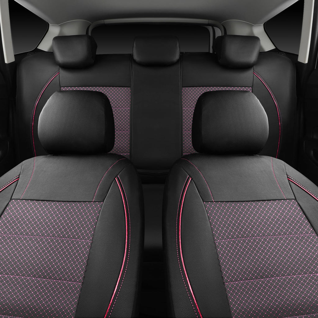 CAR PASS Universal FIT Piping Leather Two Front Seat Covers, Waterproof Faux Leather for SUV Sedan Van Truck, Airbag Compatible,Reserved Opening Holes for Headrest Covers. (Black red)