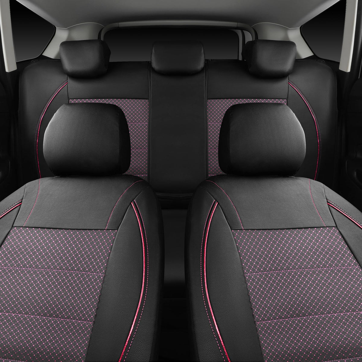 CAR PASS Universal FIT Piping Leather Two Front Seat Covers, Waterproof Faux Leather for SUV Sedan Van Truck, Airbag Compatible,Reserved Opening Holes for Headrest Covers. (Black red)