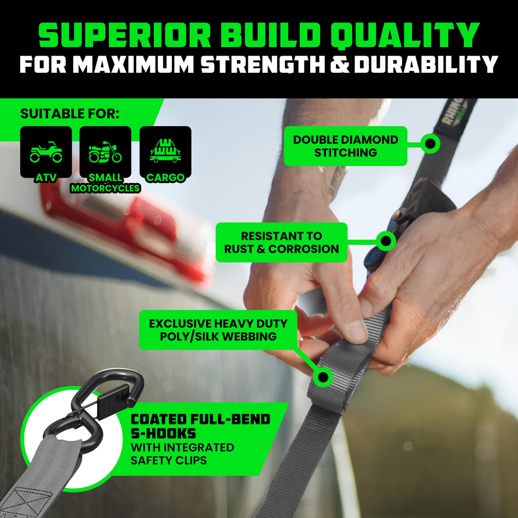 Rhino USA Retractable Ratchet Straps (4-Pack) - 1in x 10ft, Black