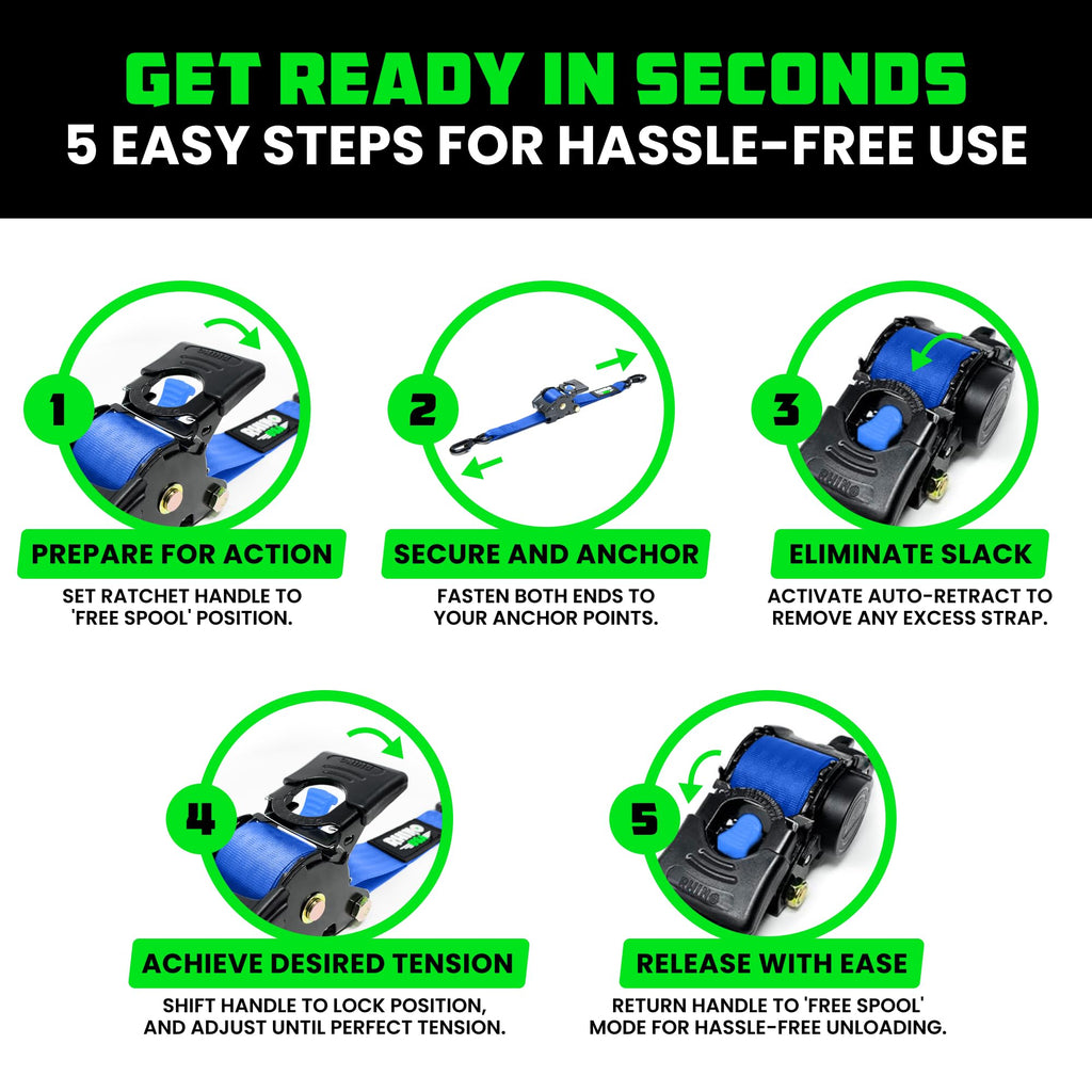 Rhino USA Retractable Ratchet Straps (4-Pack) - 1in x 10ft, Black