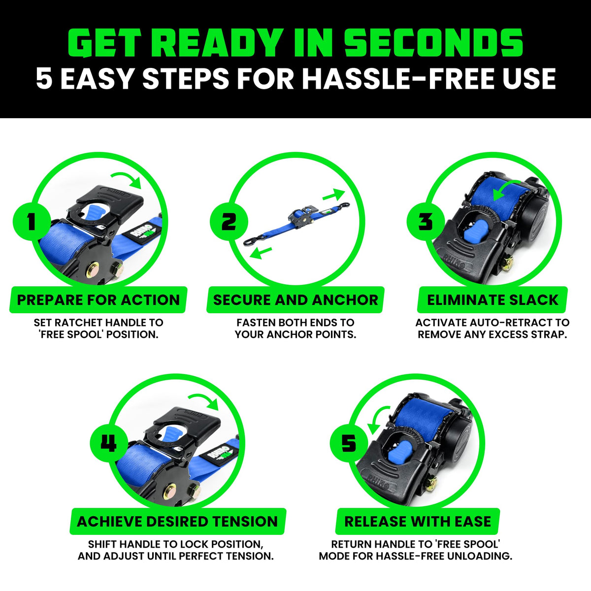 Rhino USA Retractable Ratchet Straps (4-Pack) - 1in x 10ft, Black