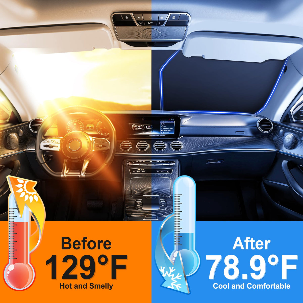 SINGARO 300T Universal Car Windshield Sun Shade, Foldable Reflective for Windshield & Window Shades with Overlapping Design, Car Interior Accessories (58" L x 32" W)