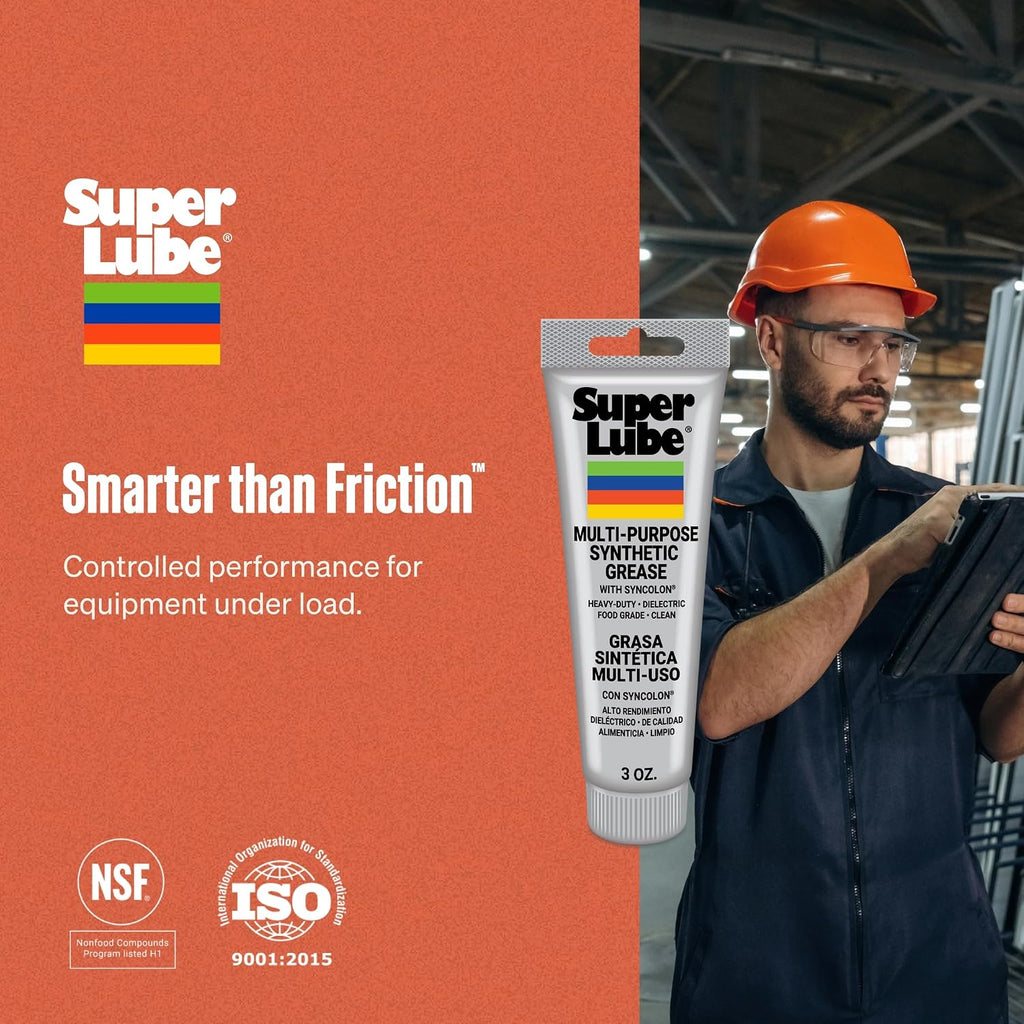 Super Lube Multi-Purpose Synthetic Grease w/ Syncolon - High Temperature, Water & Corrosion Resistant Grease - Workshop & Industrial Use - Food Grade - Translucent White - Tube - 3 oz (21030)