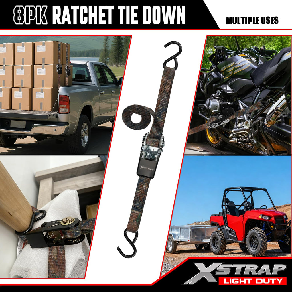 XSTRAP STANDARD 8-PK Ratchet Tie Down Straps, 1" x 10FT Cargo Straps, Black
