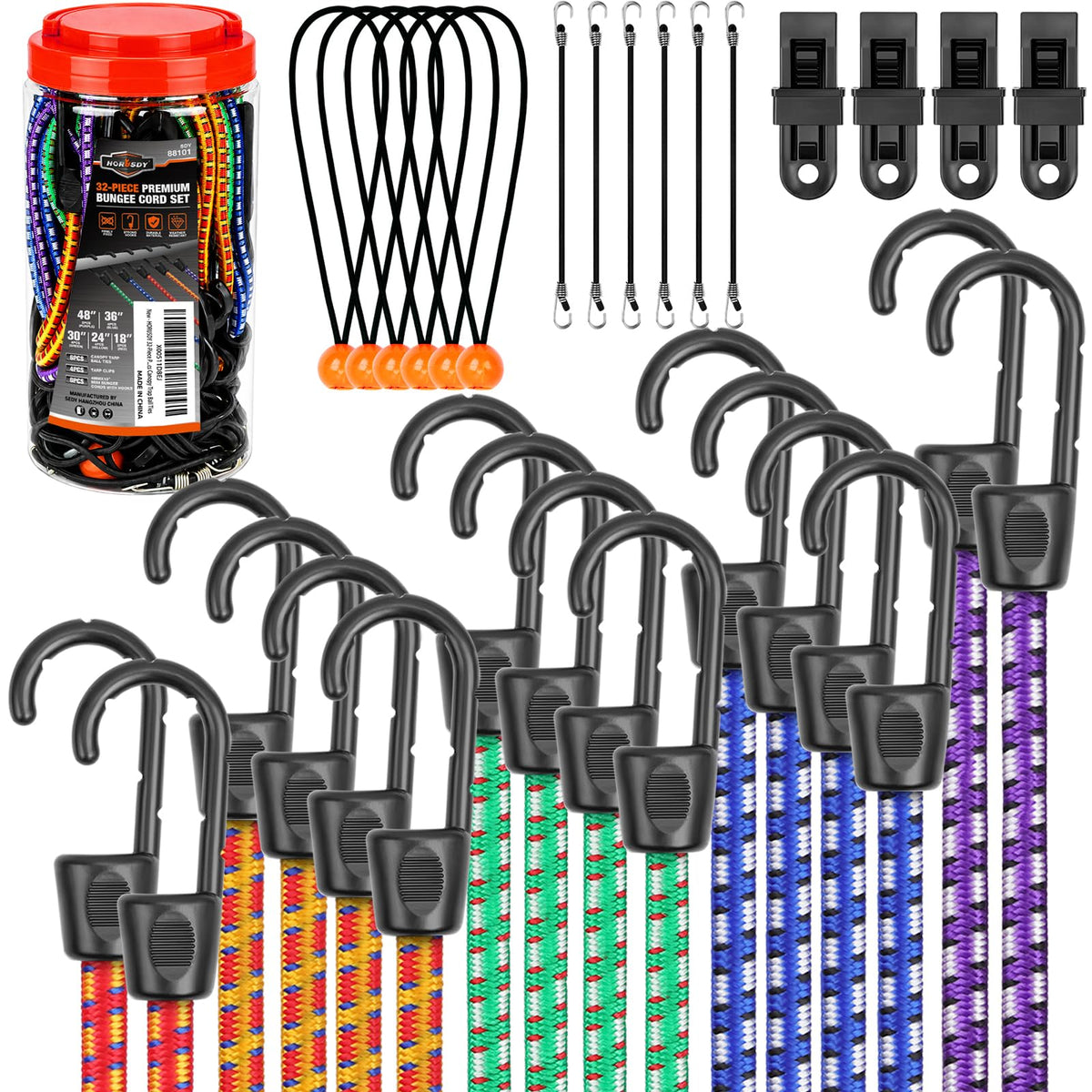HORUSDY 31-Piece Premium Bungee Cords Assortment Jar, Includes 10”,18”,24”,32”,40” Bungee Cords, 6“ Zip Ties, 8”Canopy/Tarp Ball Ties and Crocodile Mouth Tarp Clips