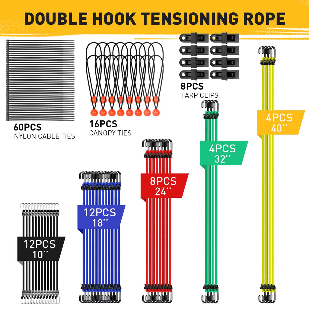 Bungee Cords Heavy Duty Outdoor: 20 Pcs Premium Rubber Bungee Cords with Hooks in a Storage Jar Includes 10", 18", 24", 30", 36", 48" Bungee Cord for Camping, Tent, Fastening Items