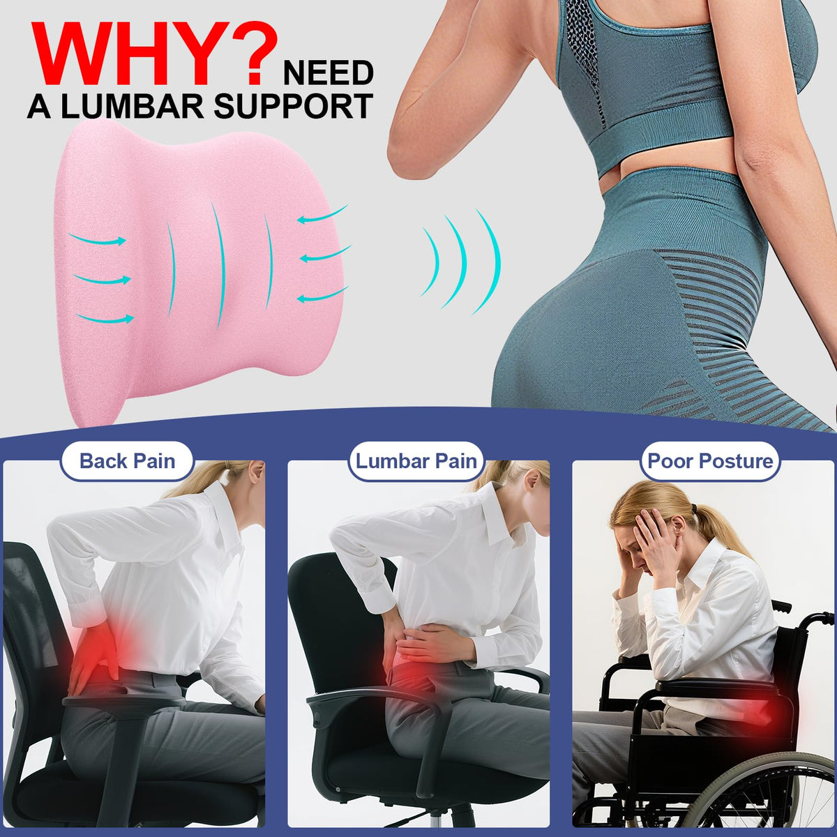 BYMECOST Lumbar Support Pillow for Car, Memory Foam Car Back Cushion