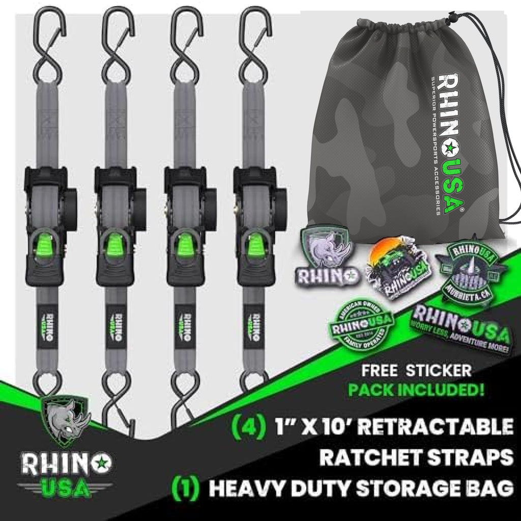 Rhino USA Retractable Ratchet Straps (4-Pack) - 1in x 10ft, Black