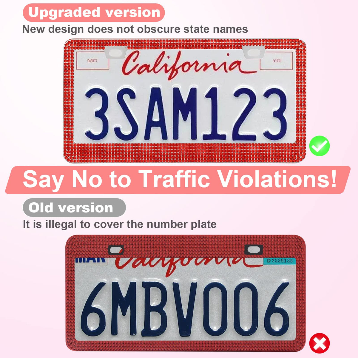 QUANQIUFEI 2 Pack Bling License Plate Frames for Women, Sparkly Rhinestone Diamond Car Accessories with Glitter Crystal Caps (Black)
