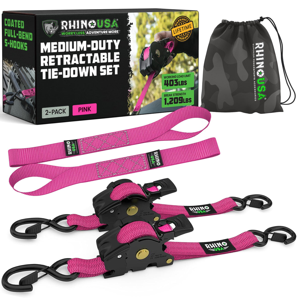 Rhino USA Retractable Ratchet Straps (4-Pack) - 1in x 10ft, Black
