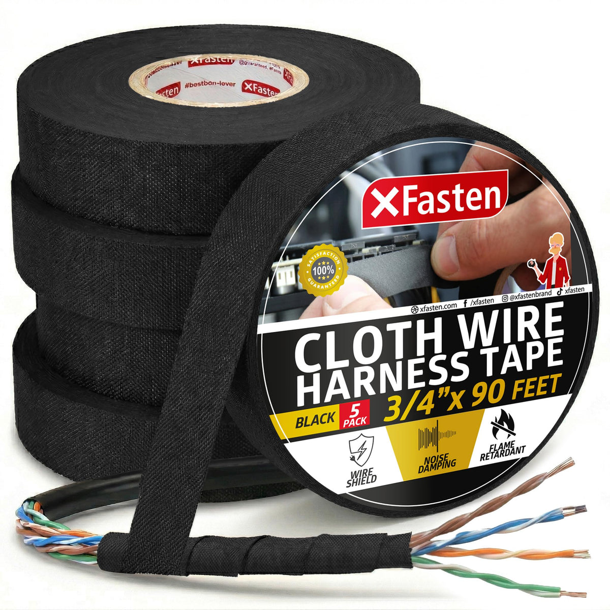 XFasten Wire Harness Tape, 3/4-Inch x 50-Foot (5-Pack), High Temp Wiring Loom Harness, Self-Adhesive Felt Cloth Electrical Tape for Automotive Engines, Noise Dampening, and Cable Protection
