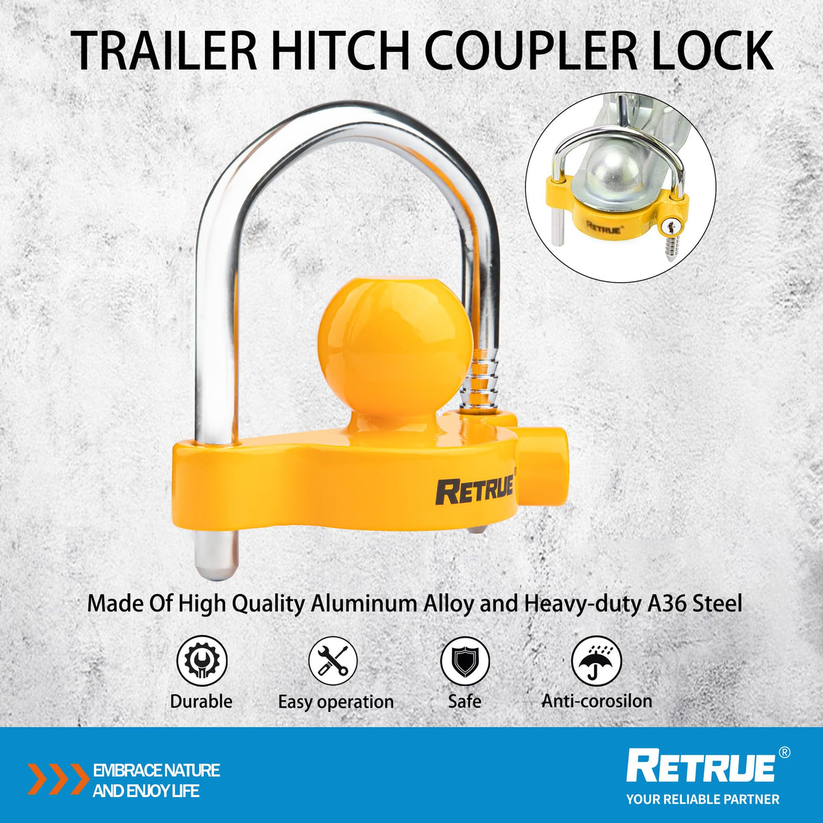 RETRUE Universal Trailer Coupler Lock, Adjustable Hitch Lock, Bright Yellow