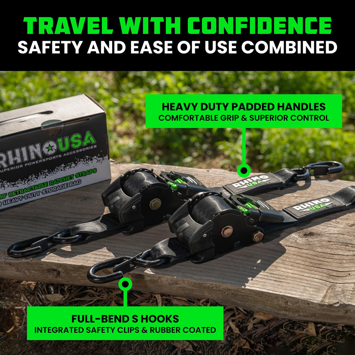 Rhino USA Retractable Ratchet Straps (2-Pack) - 2in x 10ft, 3,033lb, Black