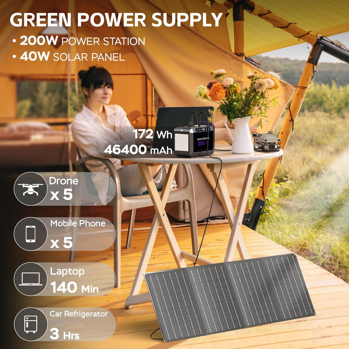 MARBERO Portable Power Station 88Wh, 120W Surge, Solar Generator 24,000mAh