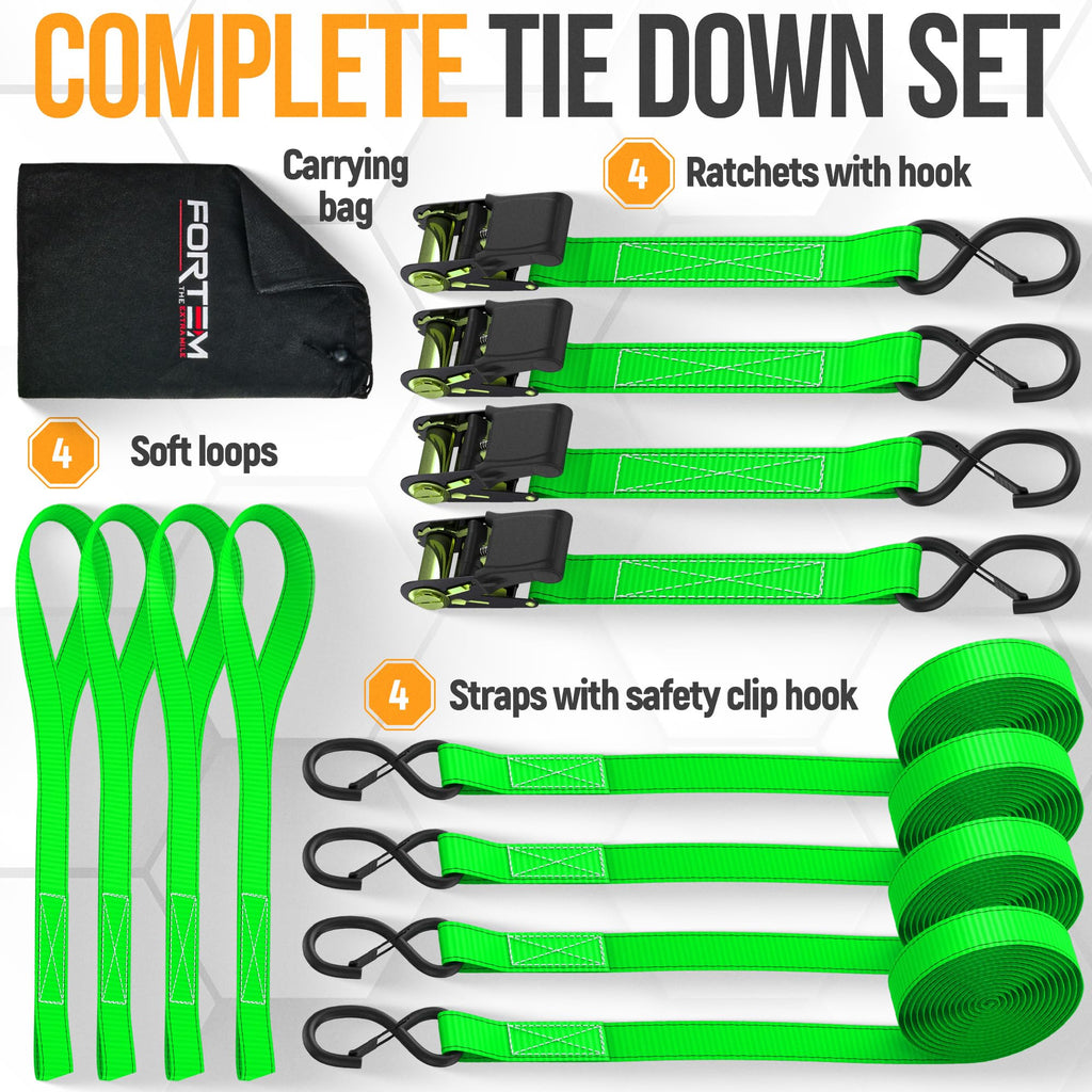 FORTEM Ratchet Straps - Tie Down Strap Set, 4 Pack, 1650lb Break Strength