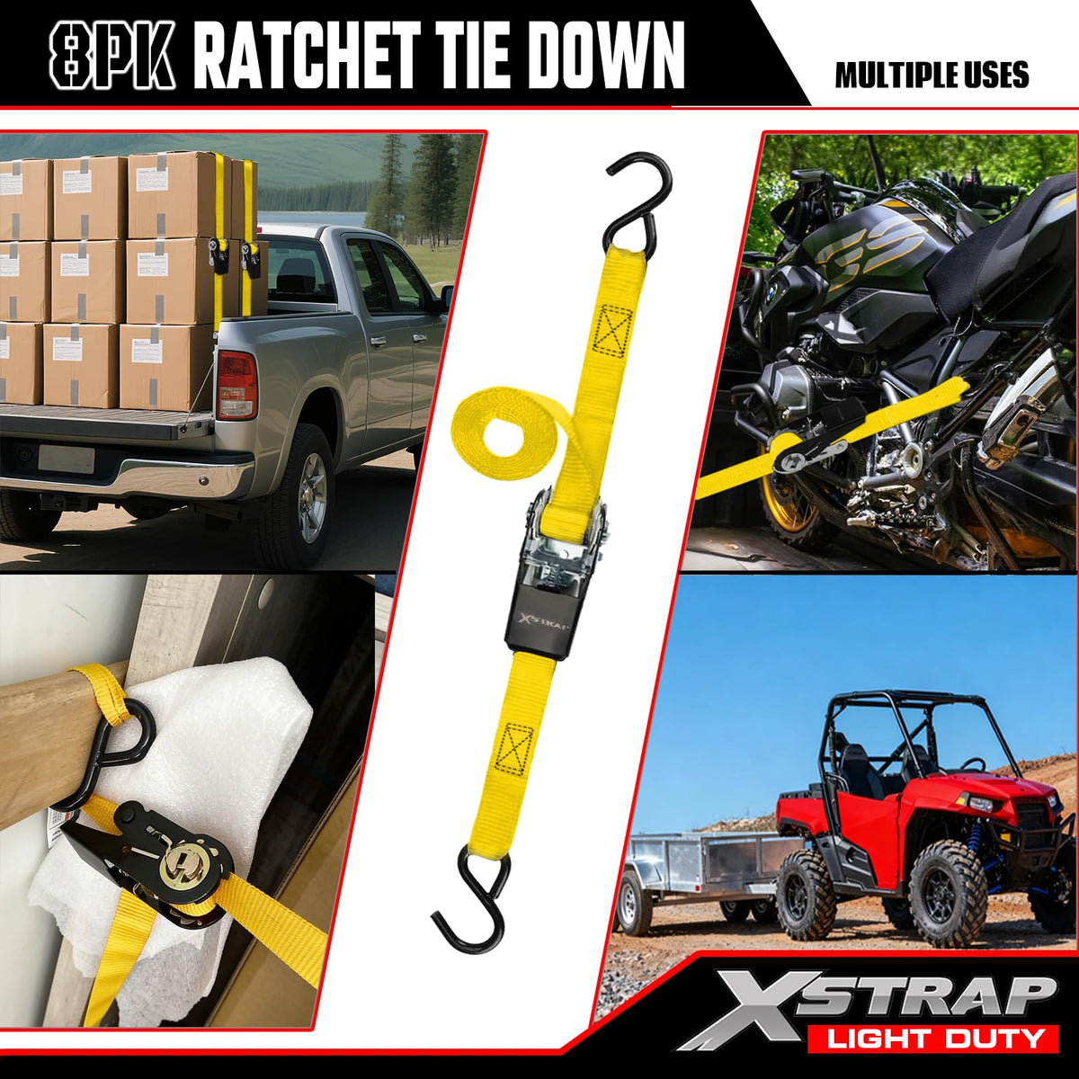 XSTRAP STANDARD 8-PK Ratchet Tie Down Straps, 1" x 10FT Cargo Straps, Black