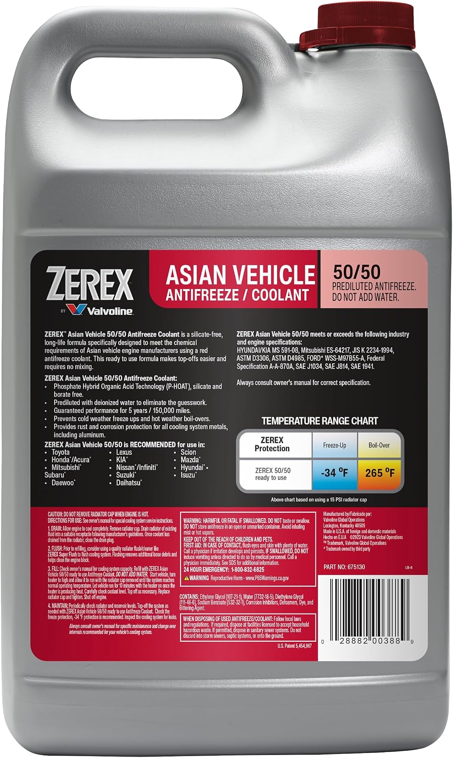 Zerex Asian Vehicle Red Silicate and Borate Free 50/50 Prediluted Ready-to-Use Antifreeze/Coolant 1 GA