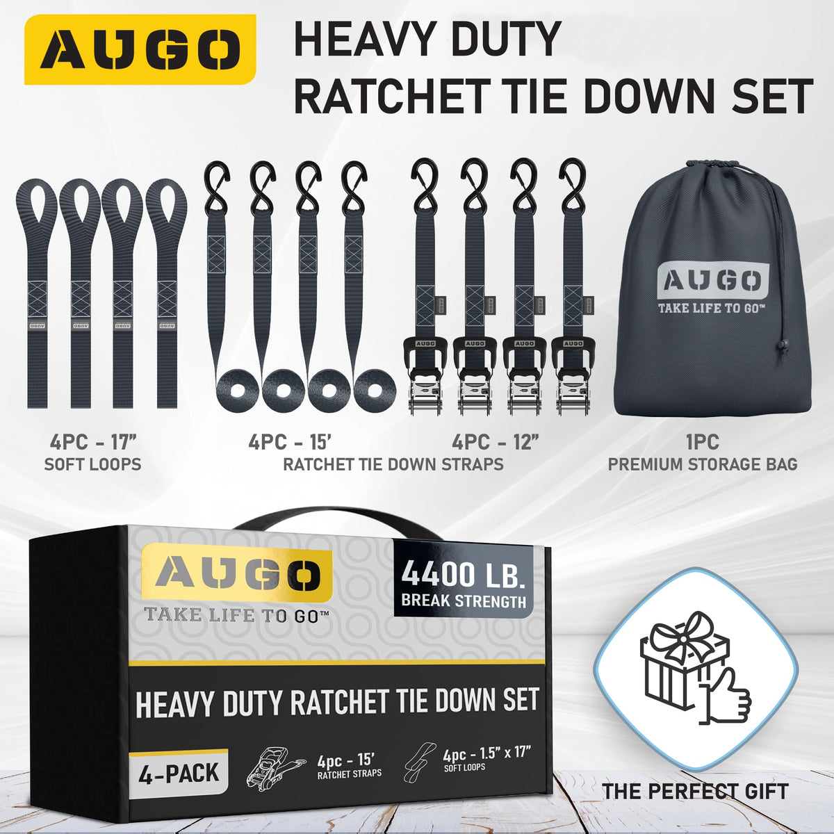 AUGO Ratchet Straps Heavy Duty 4 Pack -15 FT - 2200 LB Break Strength – with Safety Lock S Hooks - Cargo Straps for Moving, Appliances, Motorcycle – Soft Loop Tie Down Straps