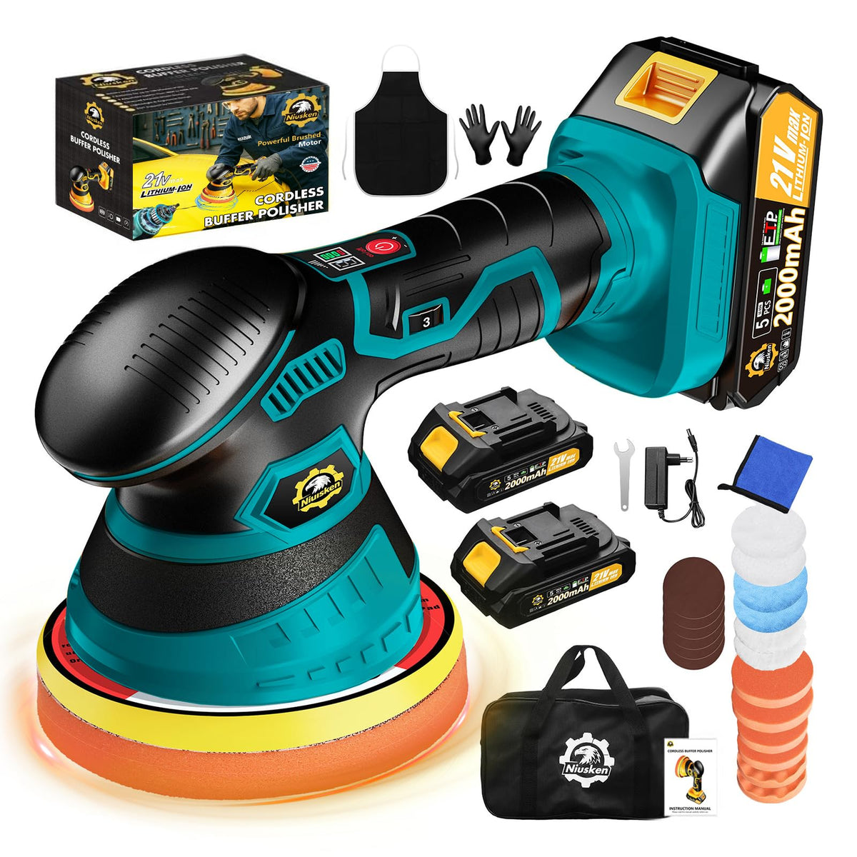 Cordless Car Buffer Polisher kit, DA Polisher with 2*21V Batteries