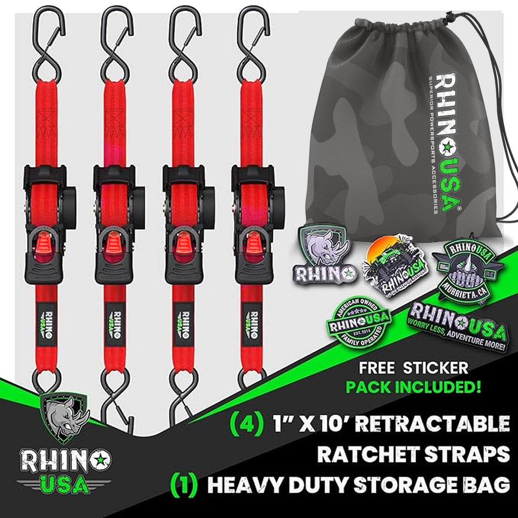 Rhino USA Retractable Ratchet Straps (4-Pack) - 1in x 10ft, Black