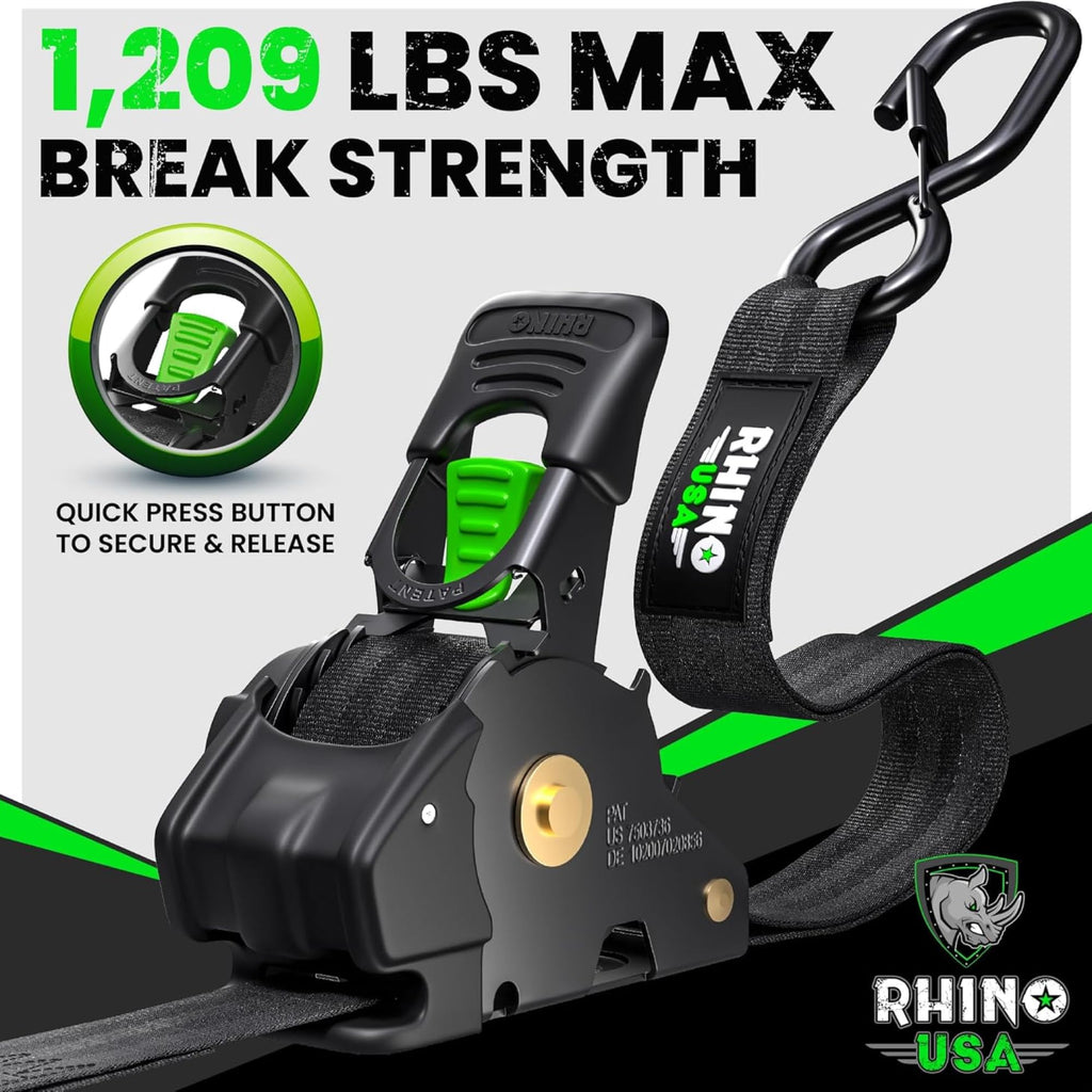 Rhino USA Retractable Ratchet Straps (4-Pack) - 1in x 10ft, Black