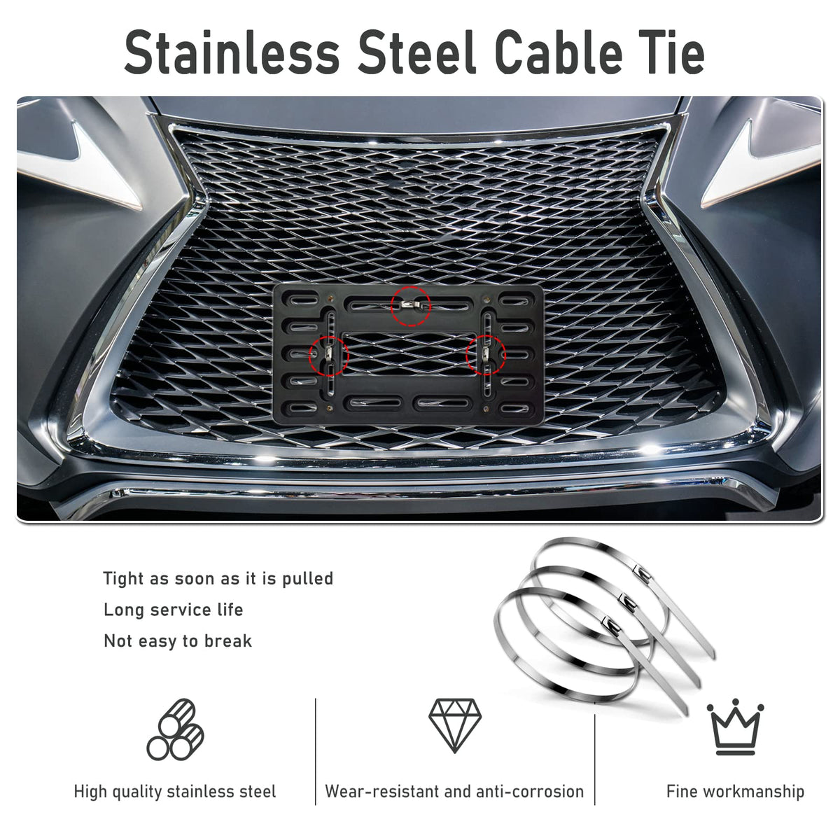 BGGTMO License Plate Bracket Holder- Front License Plate Mounting Kit, Universal Bumper Car Tag Frame Mount Adapter with Stainless Steel Screw Cap, Cable Ties