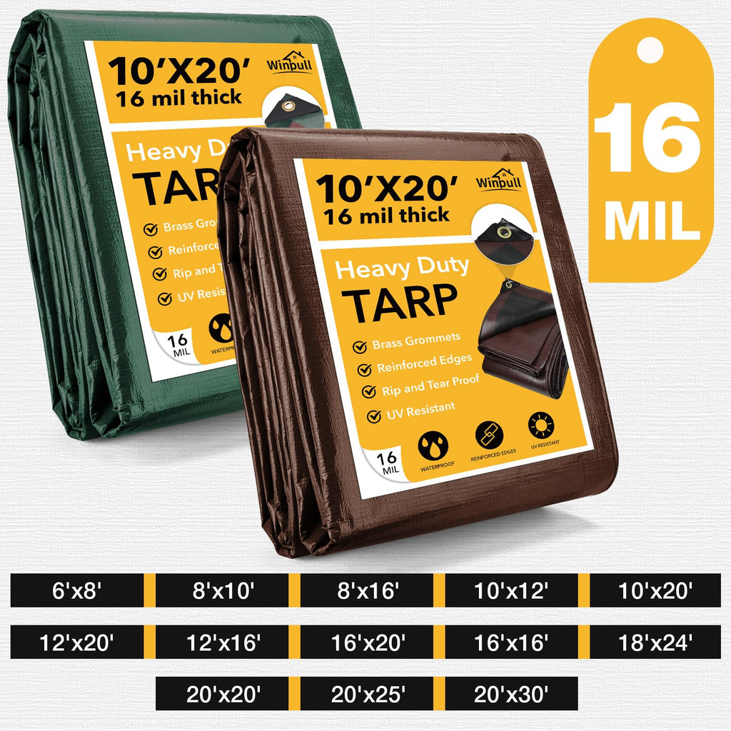 Winpull Tarp 12x20FT, 16 Mil Heavy Duty Large Tarps, Waterproof Tarp with Brass Grommets and Reinforced Edges, UV Resistant, Tear&Fade Resistant Poly Tarp for Outdoor Camping Pool Car Tent