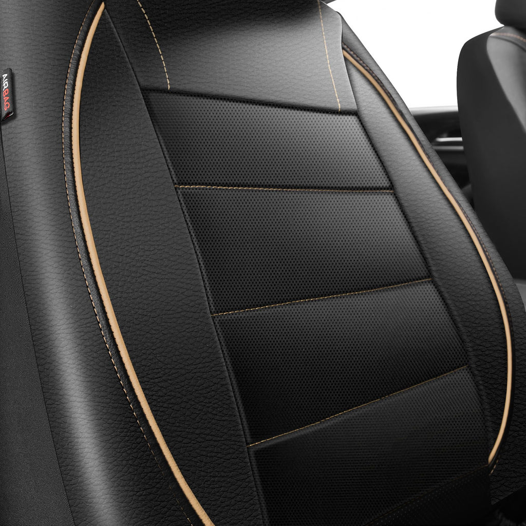 CAR PASS Universal FIT Piping Leather Two Front Seat Covers, Waterproof Faux Leather for SUV Sedan Van Truck, Airbag Compatible,Reserved Opening Holes for Headrest Covers. (Black red)