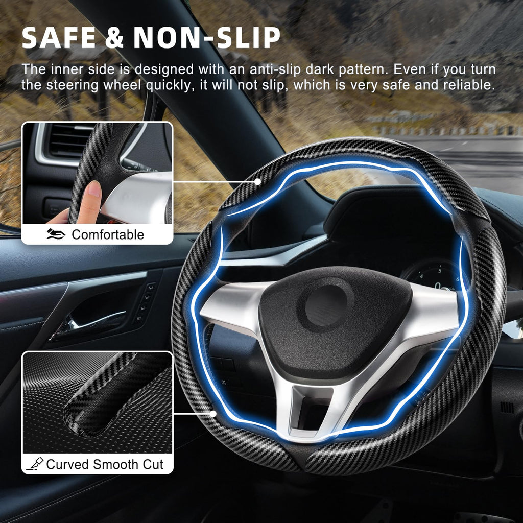 3pcs Carbon Fiber Anti-Skid Steering Wheel Cover, Waterproof & Segmented Butterfly Design, Universal 99% Vehicle Wheel Cover Protector, Car Interior Accessories (Black-3pcs)
