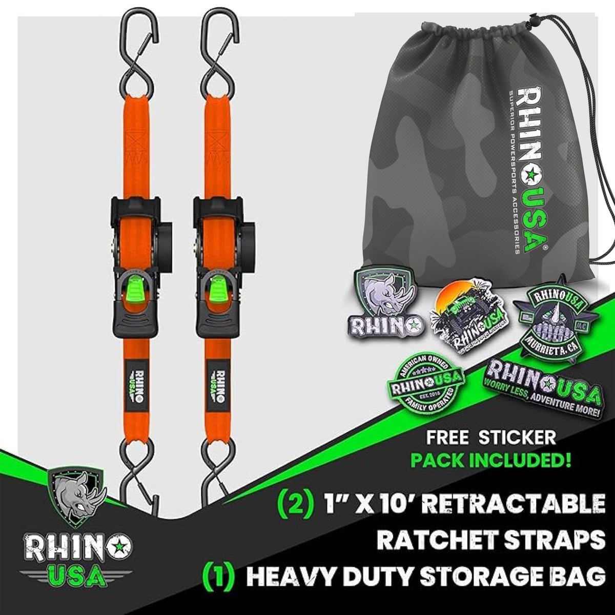 Rhino USA Retractable Ratchet Straps (4-Pack) - 1in x 10ft, Black
