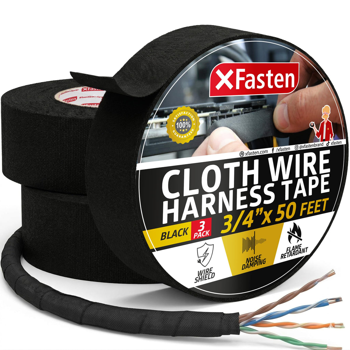 XFasten Wire Harness Tape, 3/4-Inch x 50-Foot (5-Pack), High Temp Wiring Loom Harness, Self-Adhesive Felt Cloth Electrical Tape for Automotive Engines, Noise Dampening, and Cable Protection